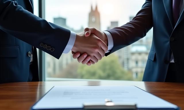 Professionals shaking hands with a Non-Disclosure Agreement on the table