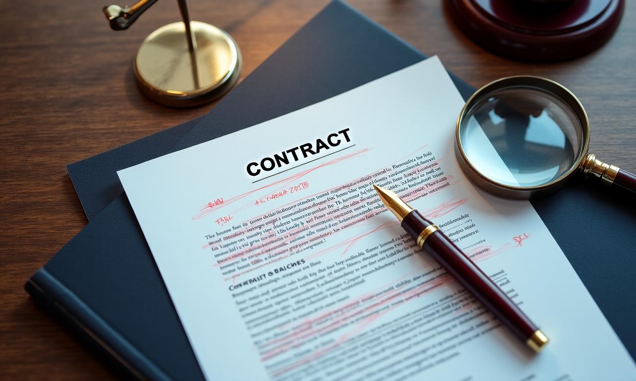 A business professional reviewing a complex legal document with a magnifying glass